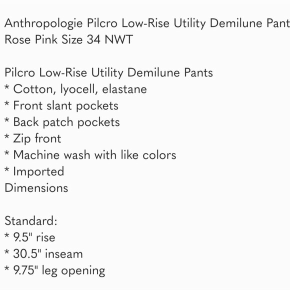 Pilcro Low Rise Utility Demilune Boot Cut Stretchy Pants Rose Women's Size 34 - Picture 14 of 14